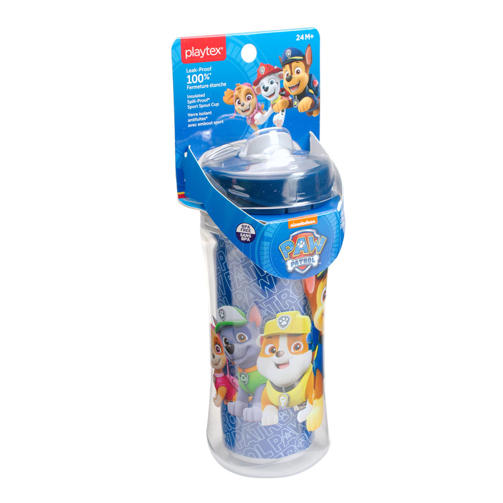 Playtex Baby Sipsters Sport Spout PAW Patrol Chase design 12oz blue keeps drinks cool during play.