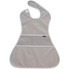 Plie bib gray stripe side view showing extra-long coverage around torso for mess control
