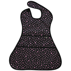 Plie full coverage bib side clip demonstrates easy Velcro neck closure for quick on/off