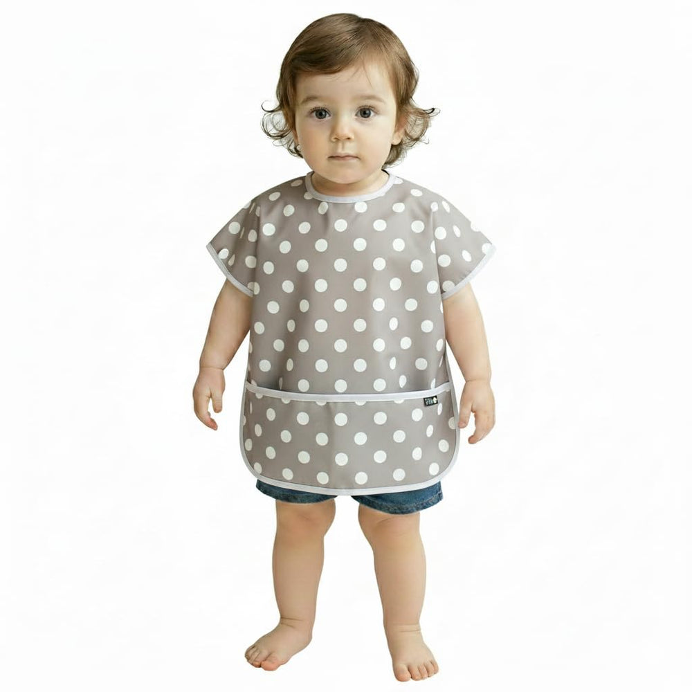 Plie short-sleeve waterproof bib gray dot provides wide mealtime coverage to catch spills