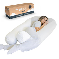 Plufl Hugl cooling body pillow shown on bed aiding side-sleeper comfort.