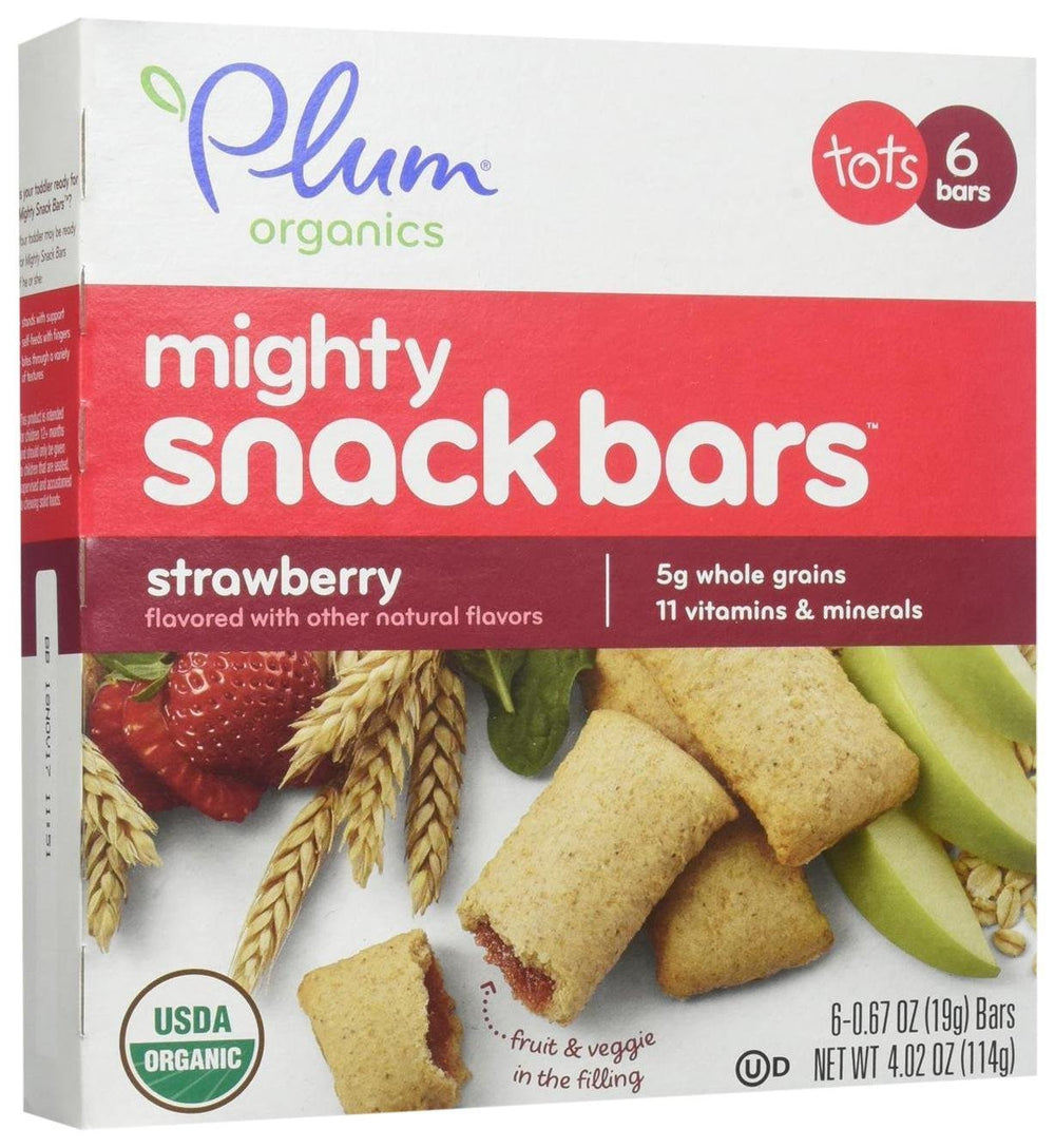 Plum Organics Tots Mighty 4 Bars strawberry package for on-the-go snacking.
