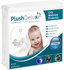 PlushDeluxe crib mattress protector terry cotton top delivers breathable comfort and moisture control.