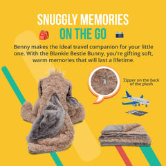 PLUSHIBLE Benny Bunny Blankie Bestie shows hidden blanket inside for on-the-go warmth.