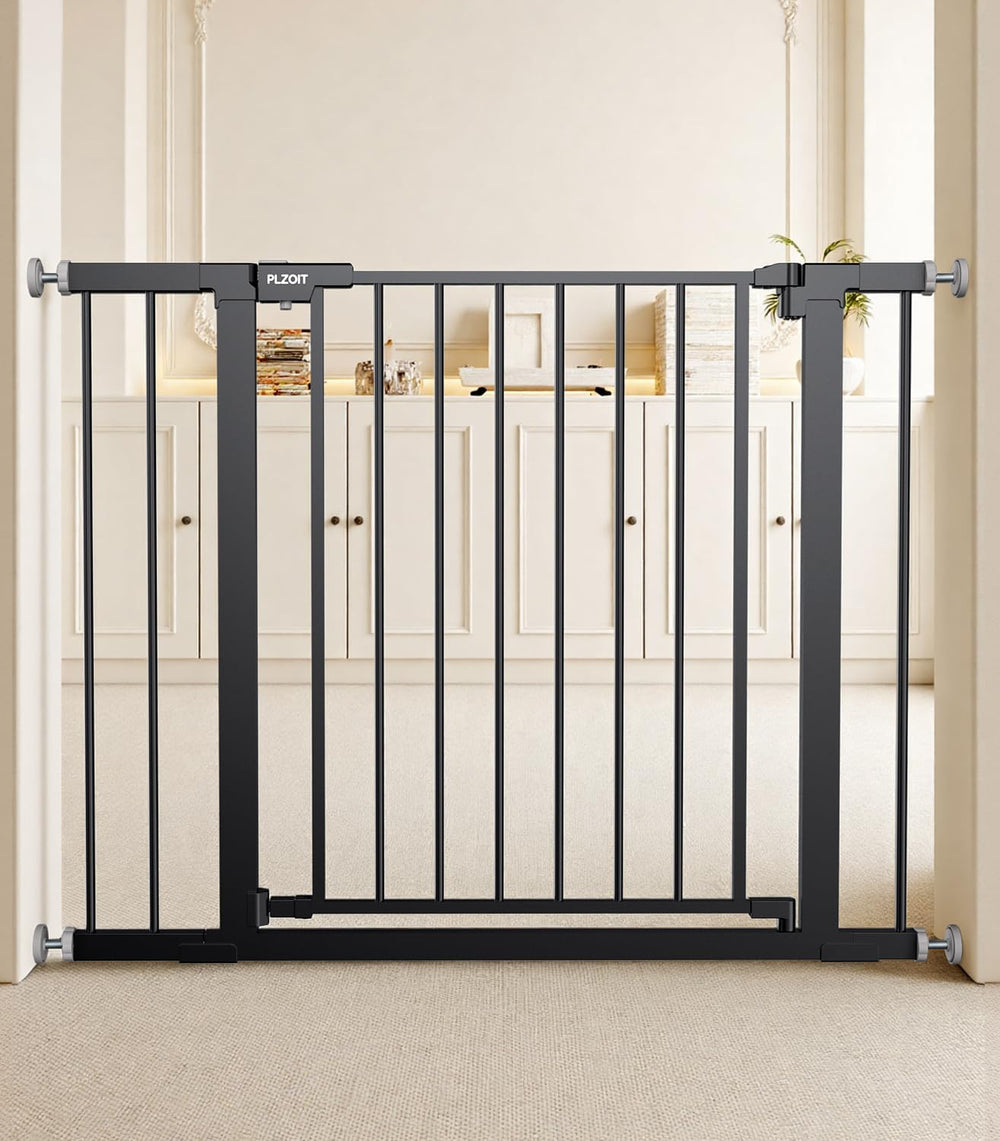 PLZOIT baby gate assembly shows tool-free setup for walls and family rooms