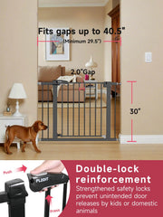 PLZOIT baby gate auto-close demonstrates hands-free closure for doorways and safe traffic.