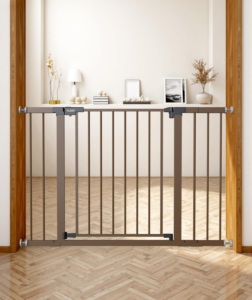PLZOIT baby gate stairs 30in tilt view highlights sturdy metal design for stairs