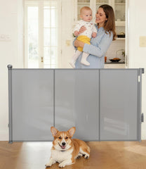 PLZOIT reinforced retractable gate in closed position for safe doorway use.