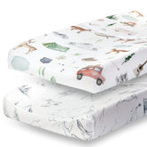 PobiBaby changing pad cover woodland pattern closeup shows soft, breathable fabric for baby comfort.