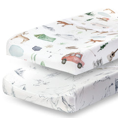 PobiBaby changing pad cover woodland pattern closeup shows soft, breathable fabric for baby comfort.