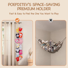 Poefditev cotton-rope hanging organizer with wooden rings creates durable, decorative plush toy display