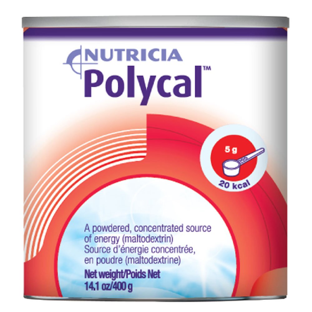 Polycal maltodextrin powder being stirred into a drink for energy support.