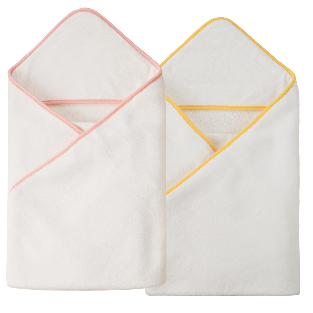 POLYTE premium microfiber hooded baby towel in white with yellow trim, large 36x36 for quick drying