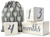 Pondering Pine baby milestone blocks stacked for newborn photos with a timeless pine finish.