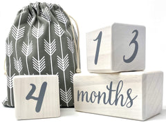 Pondering Pine baby milestone blocks stacked for newborn photos with a timeless pine finish.