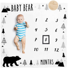 Pondering Pine milestone blanket with woodland bear for monthly baby photos