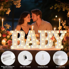 Pooqla BABY marquee letter table display provides warm decorative illumination