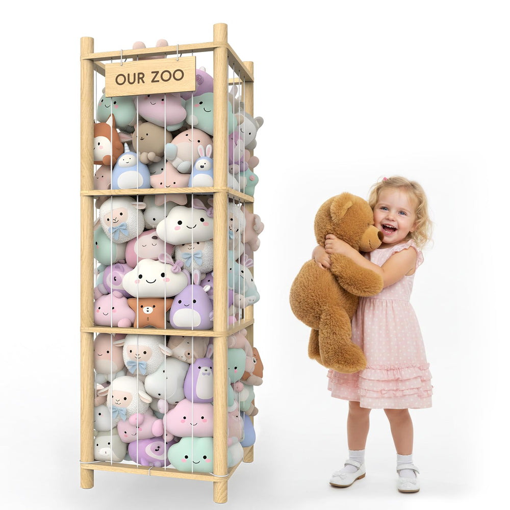 POOSIDE vertical storage shelf holds over 40 plush toys for tidy play spaces.
