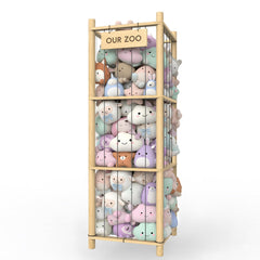 POOSIDE stuffed animal storage with wooden frame for tidy plush toy organization.
