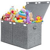 Popoly 122L toy chest with lid in grey keeps contents organized and dust-free.