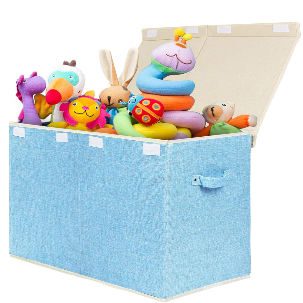 The Popoly linen-blue toy box with the lid open, showing spacious storage.