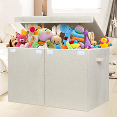 Popoly toy box with removable divider shows flexible organization for toys and blankets