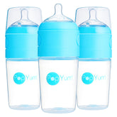 PopYum 3-pack blue baby bottles for convenient feeding on the go.