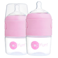 PopYum 5oz pink bottle with slow-flow nipple for controlled feeding and anti-colic design.