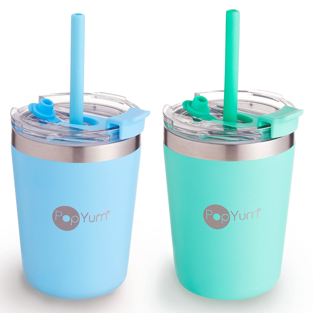 PopYum 9oz insulated cup in sky blue with straw showing leak-resistant design