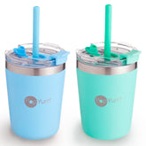 PopYum 9oz insulated cup in sky blue with straw showing leak-resistant design