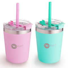 PopYum 9oz kids cups green-straw, easy sip for school or travel.