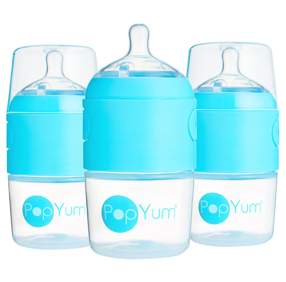 PopYum blue 5oz bottle for easy on-the-go feeds with grip-friendly design.