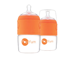 PopYum two-pack bottles in orange ready for convenient on-the-go feeds