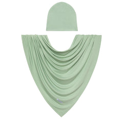 Posh Peanut Sage swaddle closeup shows ultra soft viscose fabric gentle on delicate newborn skin