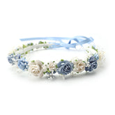 PoshMyra dusty blue flower crown front view with paper blooms for photo-ready style