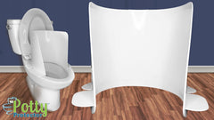 Potty Protector splash-control shows reduced bathroom mess and easier cleanup.