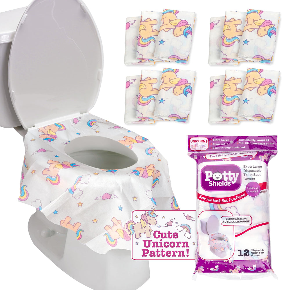Potty Shields unicorn XL packaging shows full-seat coverage for public restrooms