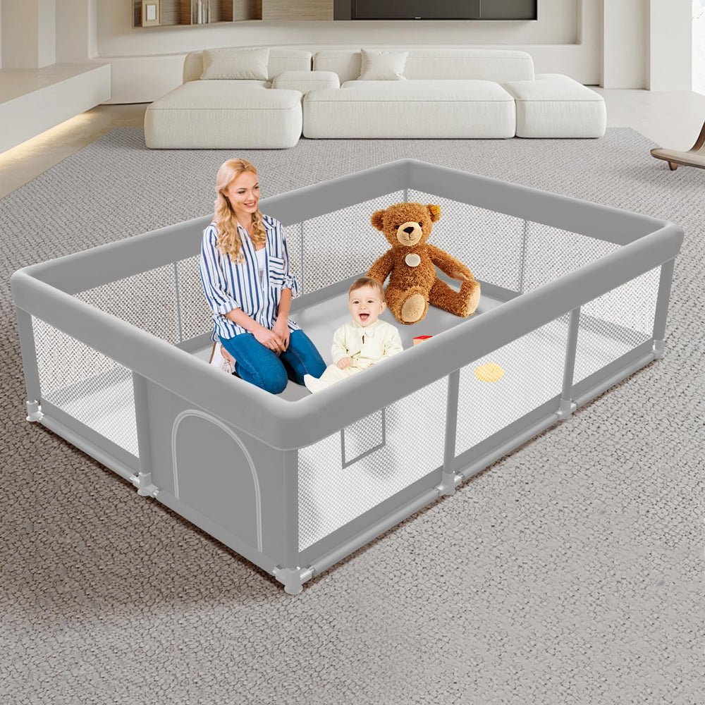 Poudee baby playpen 74x50 front view demonstrates a spacious, secure play area.