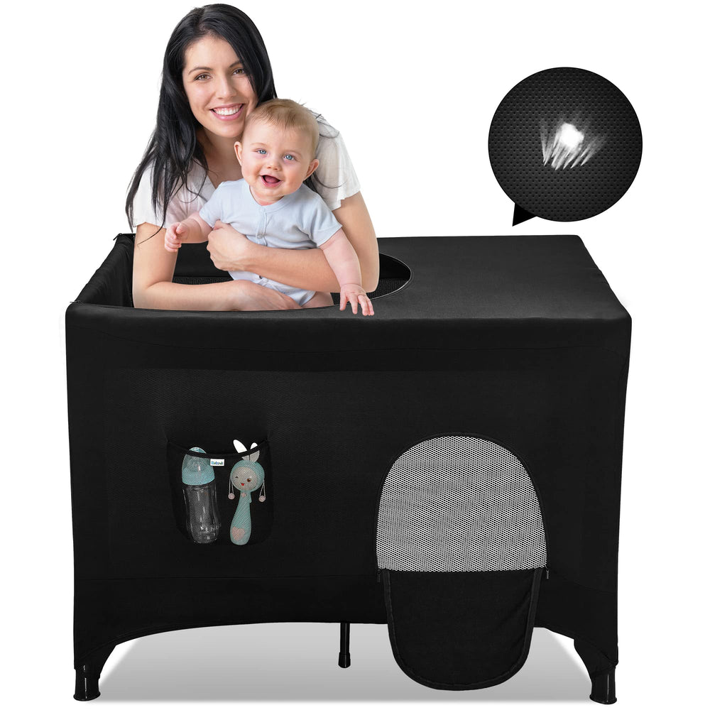 Poudee Pack n Play Blackout Cover front view blocks light for easier naps