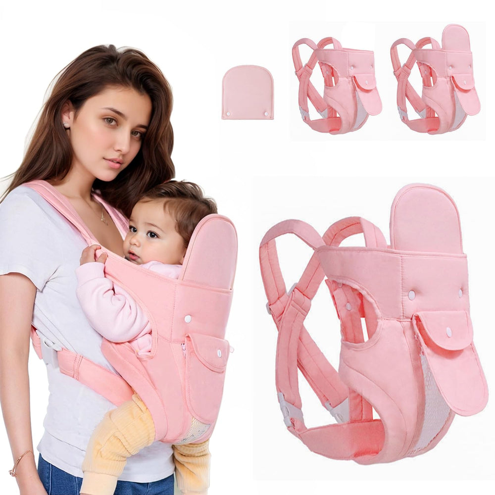 POVENK 4-in-1 carrier in pink shown in front carry for growing babies, versatile fit