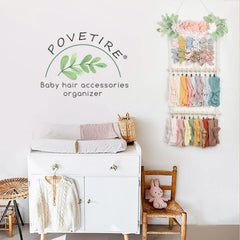 POVETIRE hair accessories organizer detail highlights twelve twine sections and twenty hooks for storage.