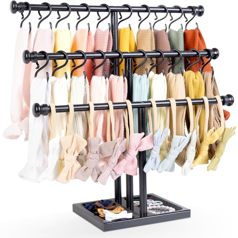 POVETIRE headband holder wood stand shows natural finish, ideal for easy baby hair accessory organization