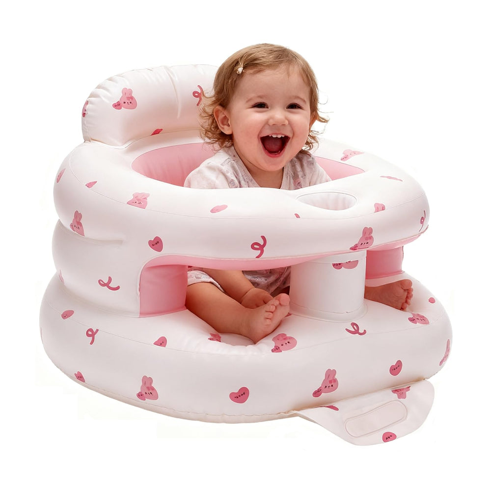 POZMTIORE inflatable baby seat pink bunny front view shows travel-friendly compact design.