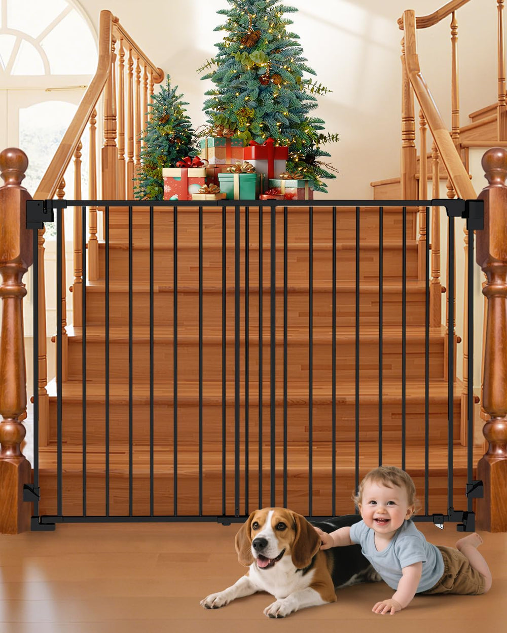 Pravoluxmax 39-inch gate in doorway shows no-threshold design for smooth toddler passage.