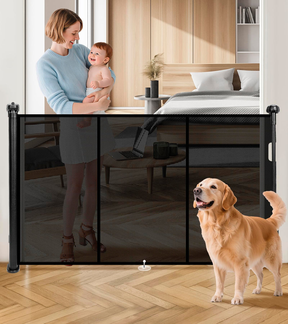 Pravoluxmax retractable gate extended to 78 inches for wide stairs safety.