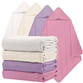 Preboun muslin hooded baby towel folded in purple, soft and cozy after bath.