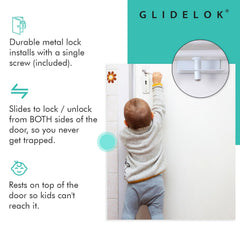 Predictable Solutions GlideLok sits on the door top, remaining out of reach for curious children.