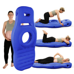 PregSpag inflatable pregnancy pillow with hole in blue supports comfortable prone sleeping.