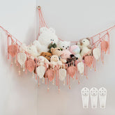 Pretty Jolly macrame stuffed animal hammock beads highlights organized toy display and decorative charm.