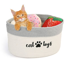 PrimePets cat toy basket front view with handles for easy room to room storage